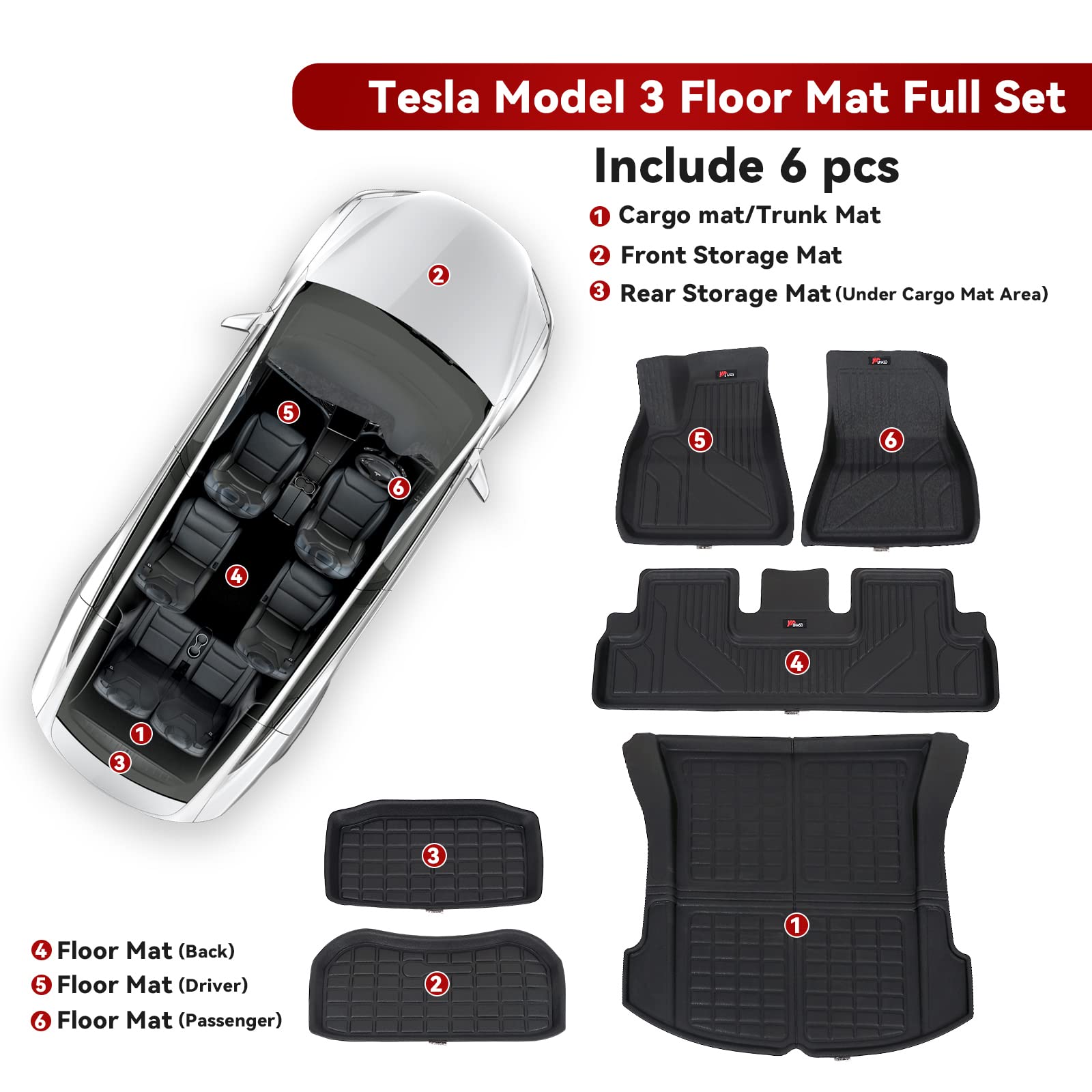 BHASD Tesla Model 3 Floor Mats Liners（6 pcs）